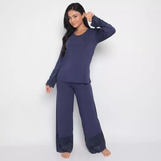 Pijama Com Renda- Azul Marinho