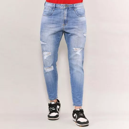 Calça Jeans Skinny Com Destroyed- Azul Claro