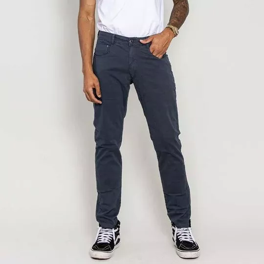 Calça Jeans Reta Com Recortes- Azul Marinho