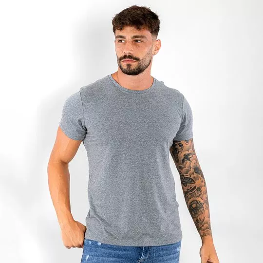 Camiseta Com Bordado- Cinza