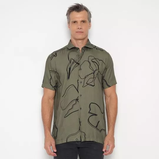 Camisa Regular Fit Flores- Verde Militar & Preta