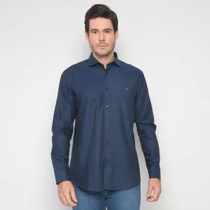 Camisa Slim Fit Xadrez<BR>- Azul Escuro & Preta