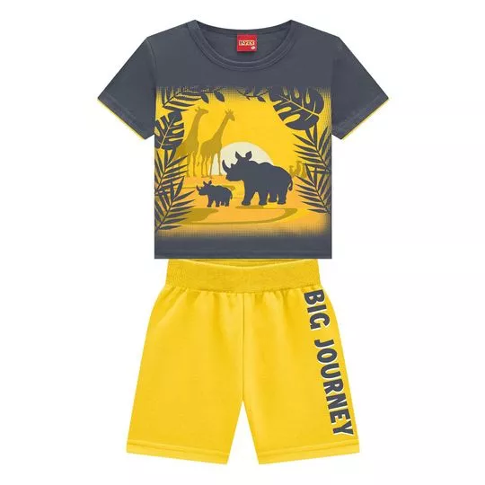 Conjunto De Camiseta & Bermuda- Cinza Escuro & Amarelo