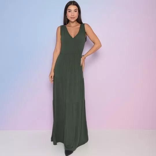 Vestido Longo Com Recortes- Verde Militar- Vinilla