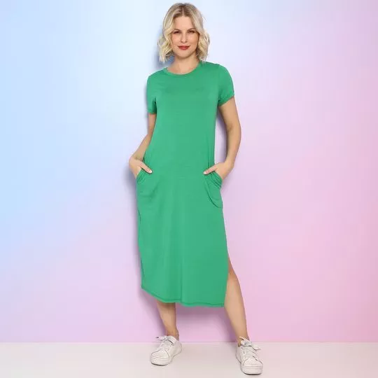 Vestido Midi Com Bolsos- Verde- Vinilla
