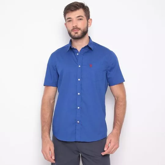Camisa Regular Fit Com Bolso- Azul