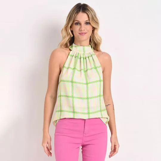 Blusa Xadrez Com Recortes- Verde Limão & Rosa Claro