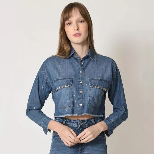 Camisa Jeans Cropped- Azul Escuro