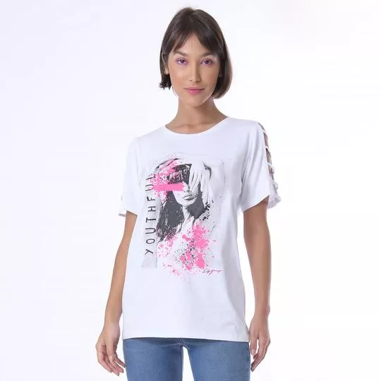 Camiseta Com Recortes- Branca & Rosa
