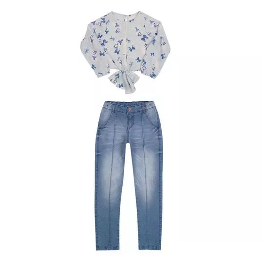 Conjunto De Cropped & Calça Jeans Skinny Estonada- Azul Claro & Azul- Paraíso