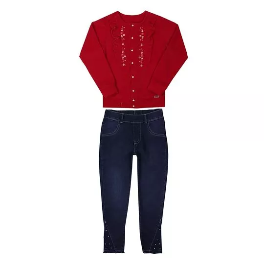 Conjunto De Casaco & Calça Jeans- Vermelho & Azul Marinho- Paraíso