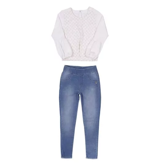 Conjunto De Blusa & Calça Reta Jeans- Off White & Azul- Paraíso