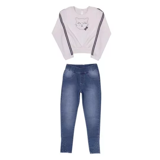 Conjunto De Blusão & Calça Reta Jeans- Off White & Azul- Paraíso