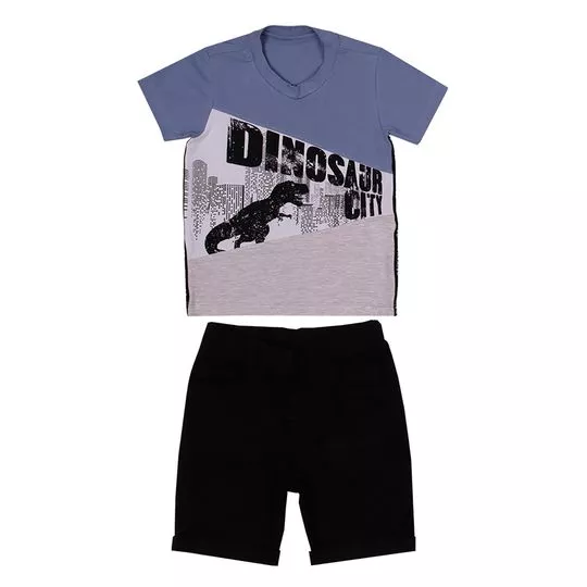 Conjunto De Camiseta Dinossauro & Bermuda- Azul Escuro & Preto- Paraíso