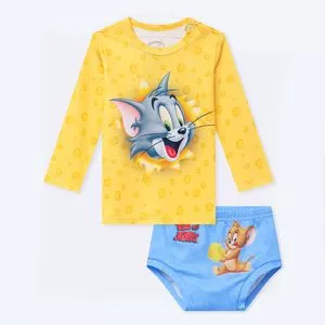 Conjunto De Camiseta & Tapa Fralda Tom And Jerry®<BR>- Amarelo & Azul<BR>- Veggi