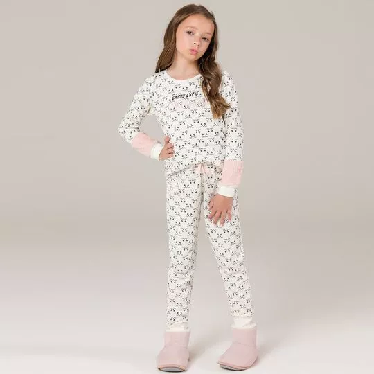 Pijama Gatinhos- Off White & Cinza Escuro- Espaço Pijamas