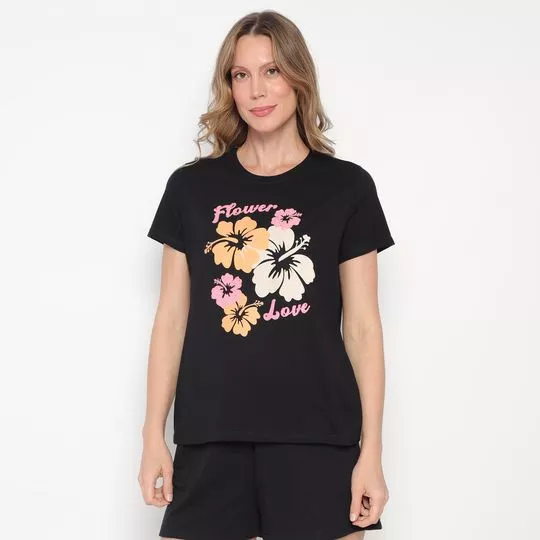 Camiseta Floral- Preta & Laranja- Enfim