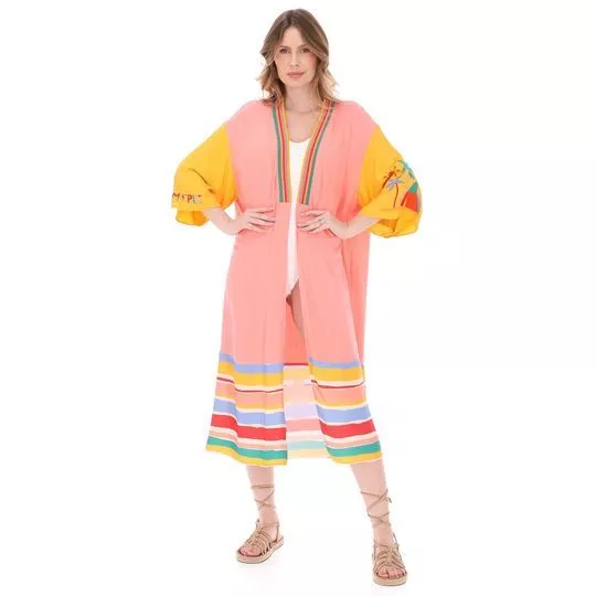 Kimono Midi Listrado- Rosa Claro & Amarelo