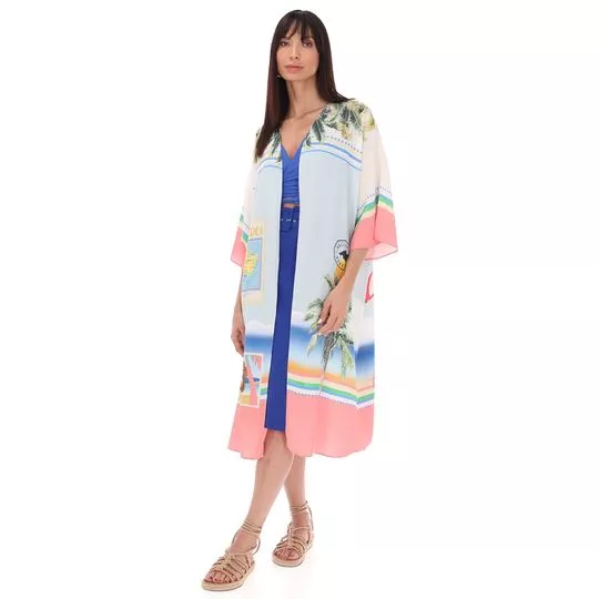 Kimono Midi Postais- Azul Claro & Coral