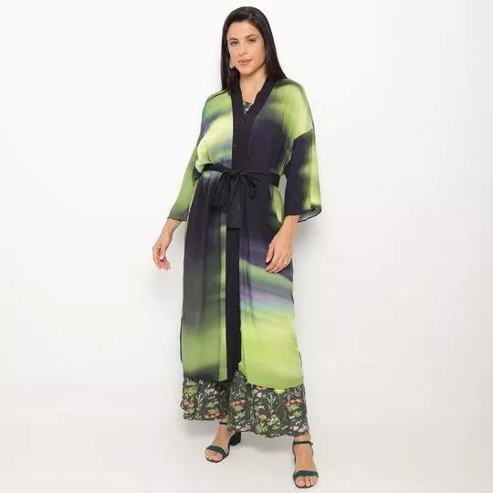 Kimono Alongado Com Faixa- Preto & Verde Limão
