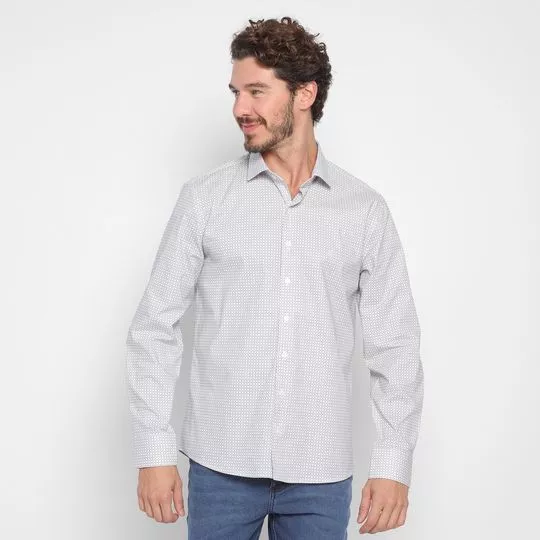 Camisa Slim Fit Geométrica- Off White & Cinza