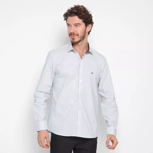 Camisa Slim Fit Com Bordado- Off White & Cinza