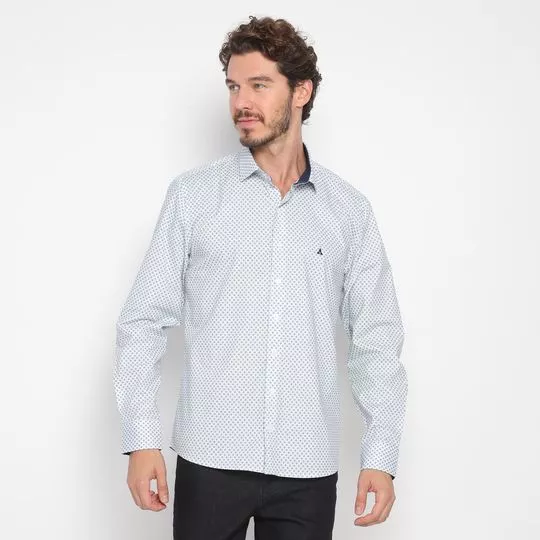 Camisa Slim Fit Com Bordado- Off White & Azul Marinho
