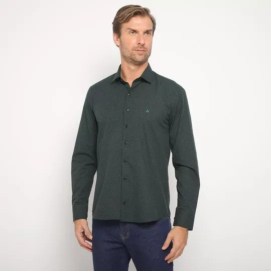 Camisa Slim Fit Com Bordado- Preta & Verde Escuro