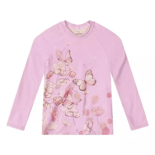 Camiseta Com Borboletas- Rosa Claro & Rosa- Carinhoso