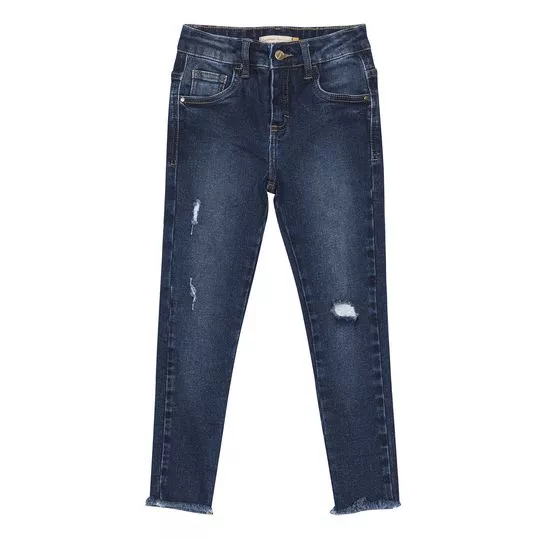 Calça Jeans Skinny Com Puídos- Azul Escuro- Carinhoso