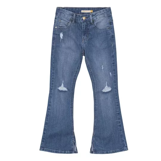 Calça Jeans Flare Com Puídos- Azul- Carinhoso
