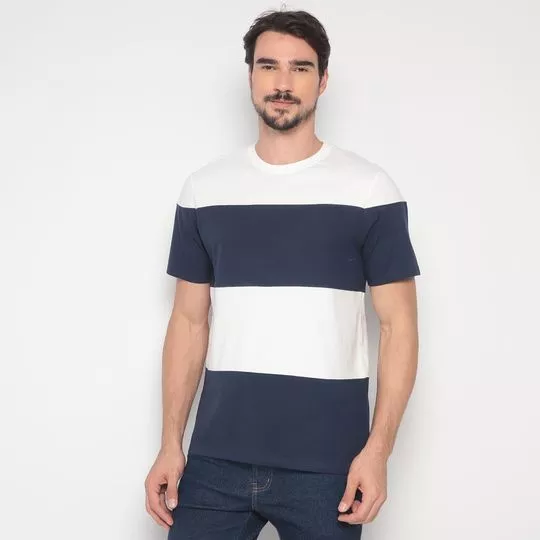 Camiseta Com Listras- Branca & Azul Marinho