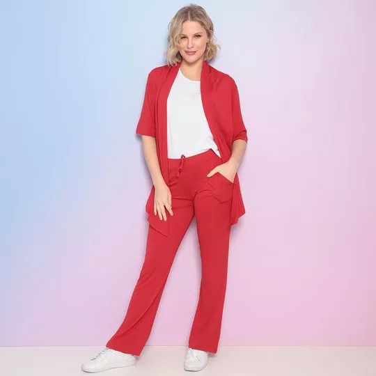 Conjunto De Blusa, Kimono & Calça Reta Com Bolsos- Vermelho & Branco