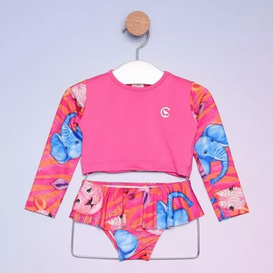 Biquíni Cropped Elefantes- Pink & Azul- Costão Fashion