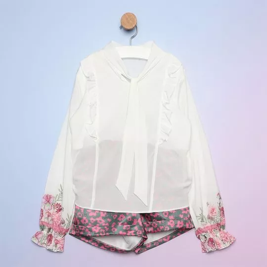 Conjunto De Camisa Floral & Short Com Recortes- Off White & Rosa Escuro