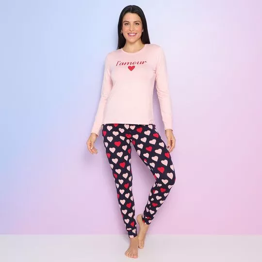 Pijama Com Inscrições & Corações- Rosa Claro & Preto