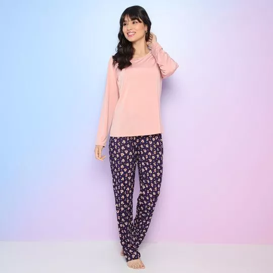 Pijama Floral- Rosa Claro & Azul Marinho