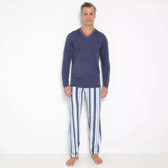 Pijama Listrado- Azul Marinho & Branco