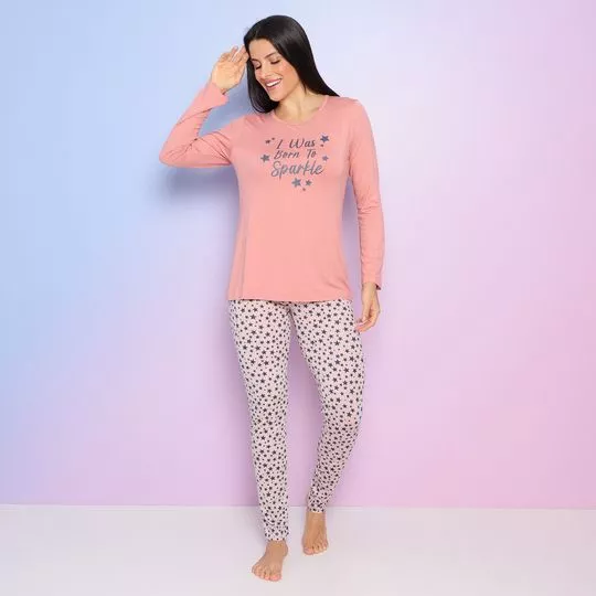 Pijama Com Inscrições & Estrelas- Rosa Claro & Azul Marinho