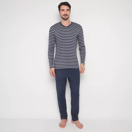 Pijama Listrado- Azul Marinho & Off White