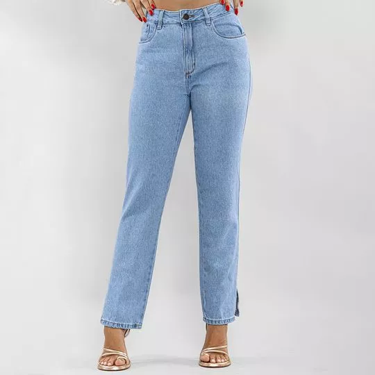 Calça Jeans Reta Com Fenda- Azul Claro- Consciência Jeans