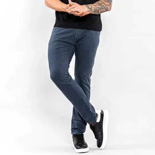Calça Reta Com Recortes- Azul Marinho- Consciência Jeans