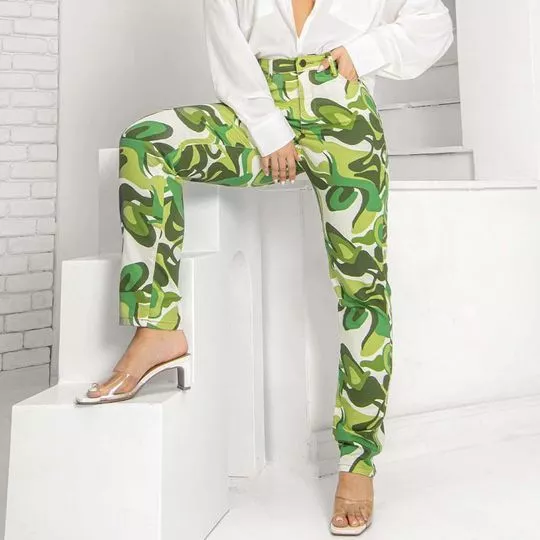 Calça Reta Abstrata- Verde & Off White- Consciência Jeans