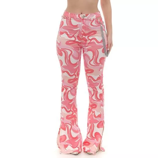 Calça Flare Abstrata Com Correntes- Rosa & Coral- Consciência Jeans