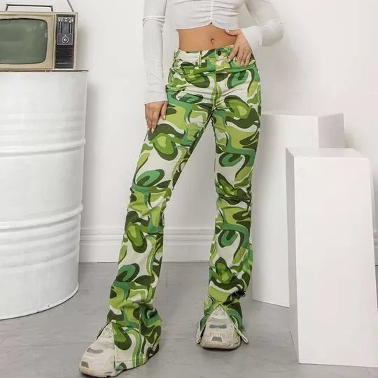Calça Flare Floral- Verde & Branca- Consciência Jeans