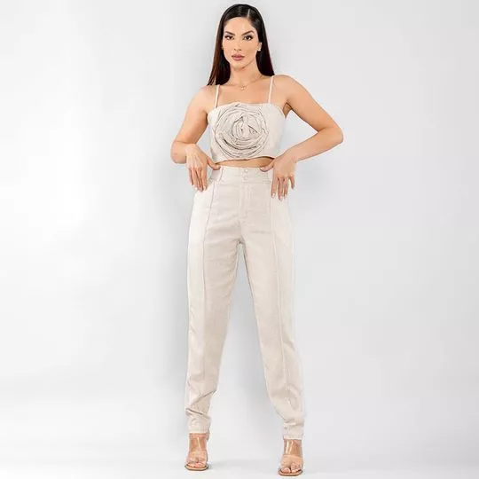 Conjunto De Cropped Flor & Calça Skinny Com Bolsos- Off White- Consciência Jeans