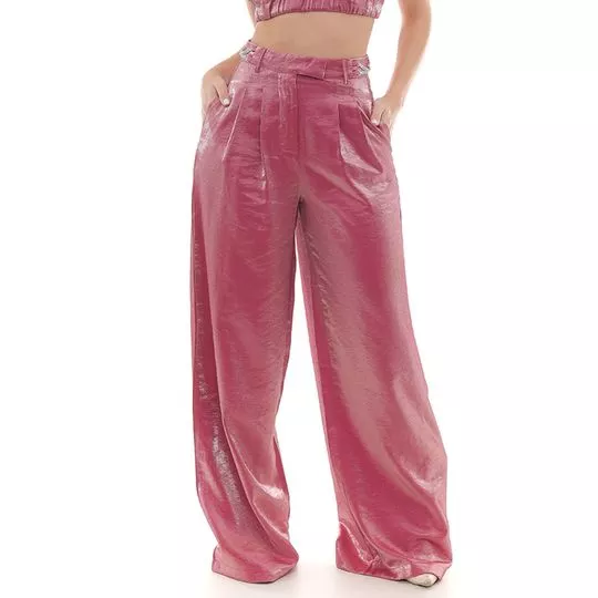 Calça Pantalona Em Couro Sintético- Rosa- Consciência Jeans