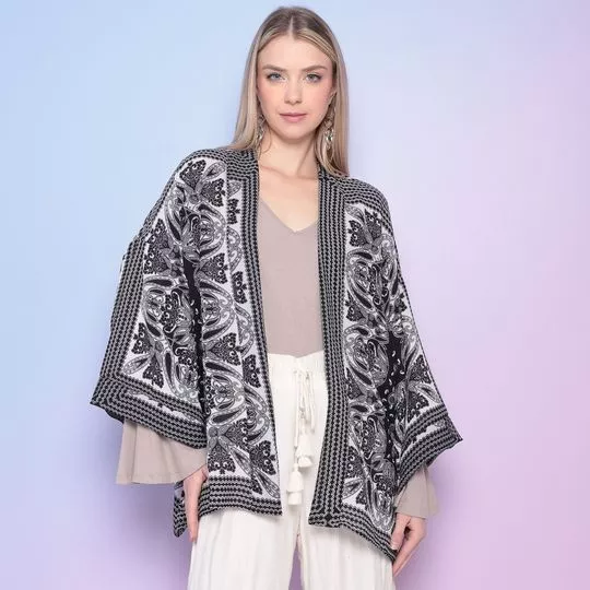 Kimono Alongado Com Recortes- Preto & Off White