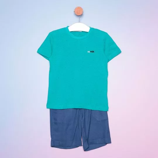 Conjunto De Camiseta & Bermuda Com Recortes- Azul Turquesa & Azul Escuro- Oliver