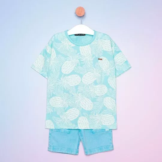 Conjunto De Camiseta & Bermuda Com Recortes- Azul Claro & Off White- Oliver